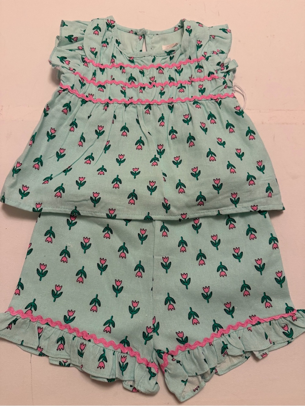 Girls Mint Floral Ruffle Matching Set - Pink Accent